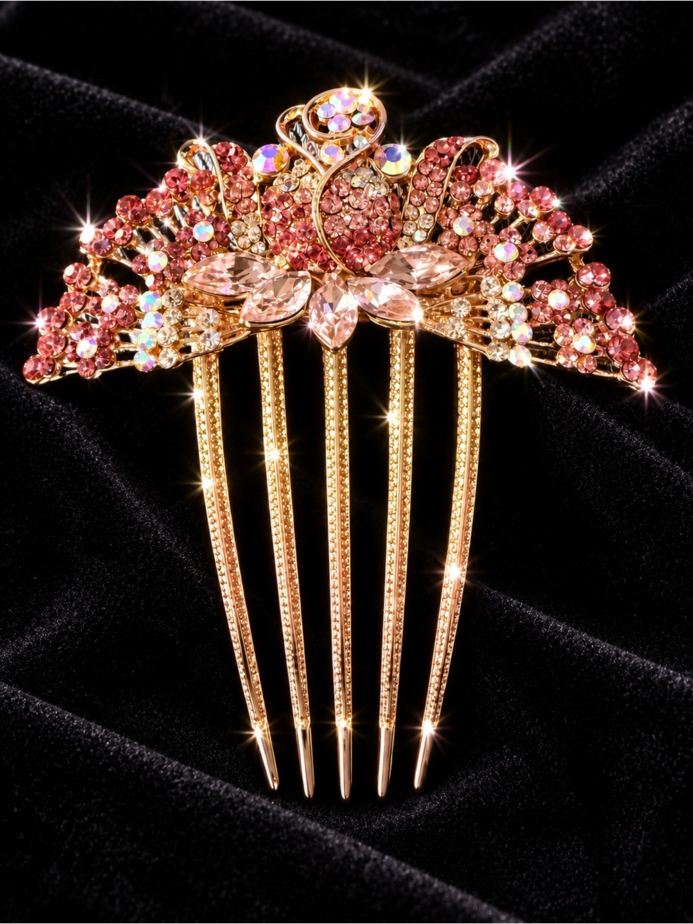 Rose Gold and Pink Rhinestones Ornamental Hair Comb